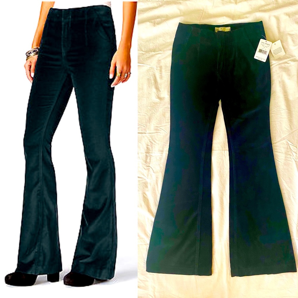 Free People Oxanna Jewel Green Stretch Velvet Flared Pants OB442577 NWT Size 25